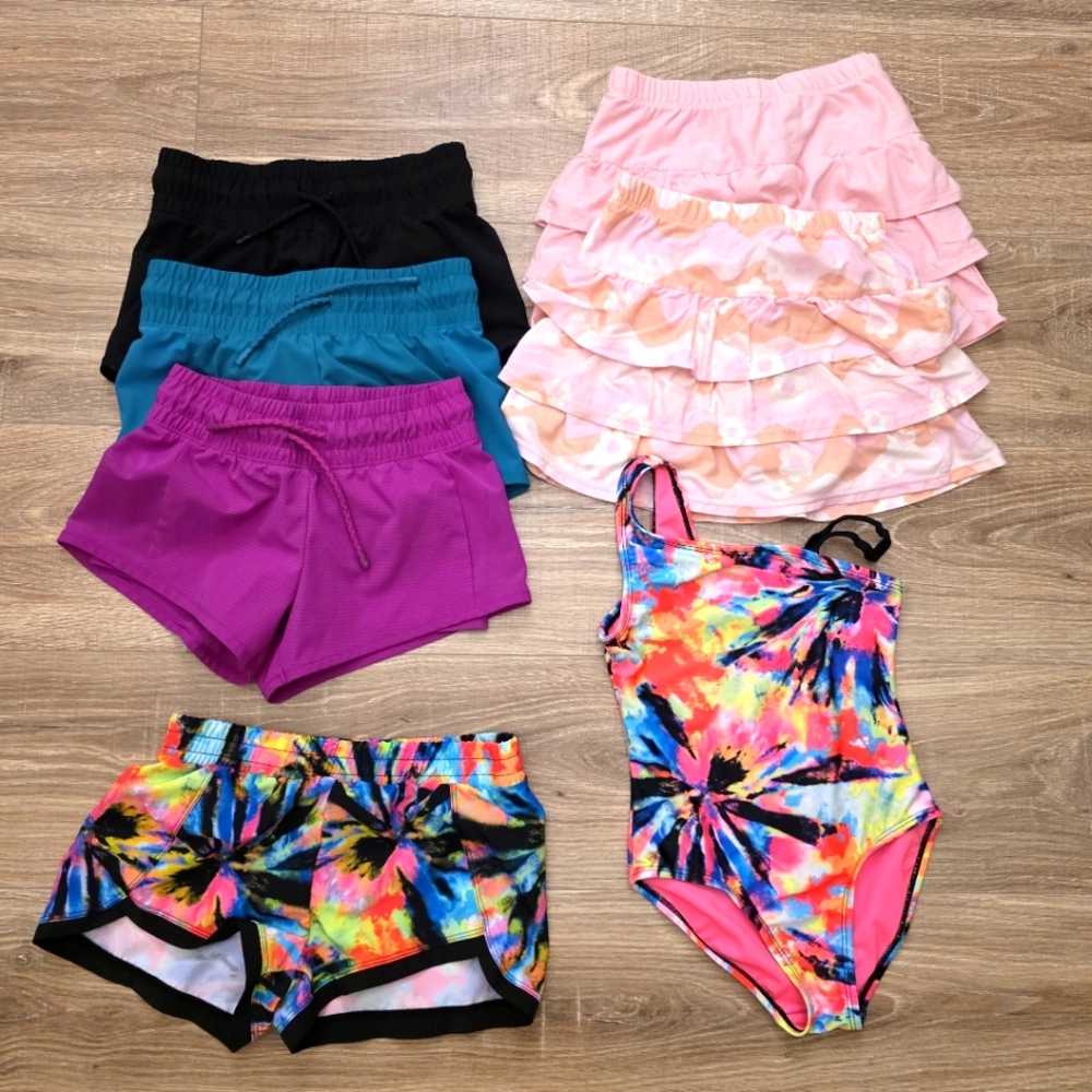 All In Motion; Girls Shorts Size S 6/7; 2 In 1 Shorts, 2 Skorts, 1 Swimsuit